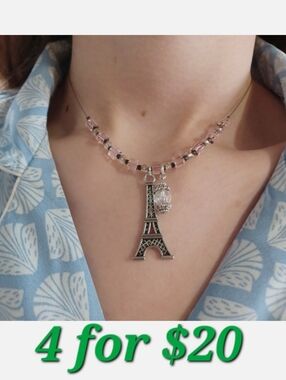 Paris Eiffel Tower Choker Beaded Charm Necklace with Pink Acrylic Beads Jewelry